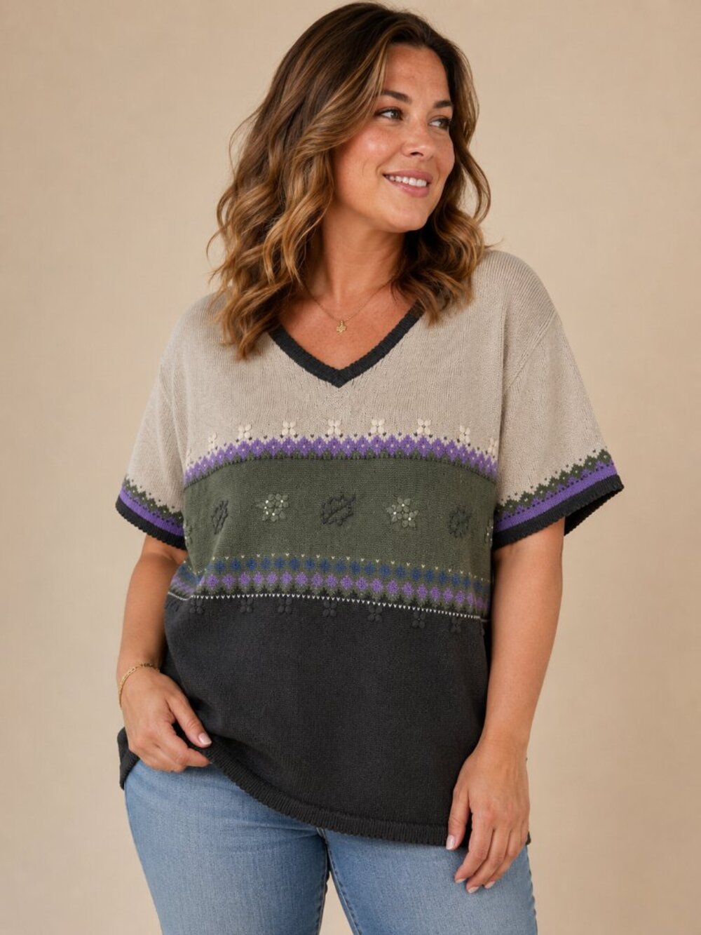 Villager Sport 1X Knit Top Coastal Grandma Cottagecore Olive Cream V Neck